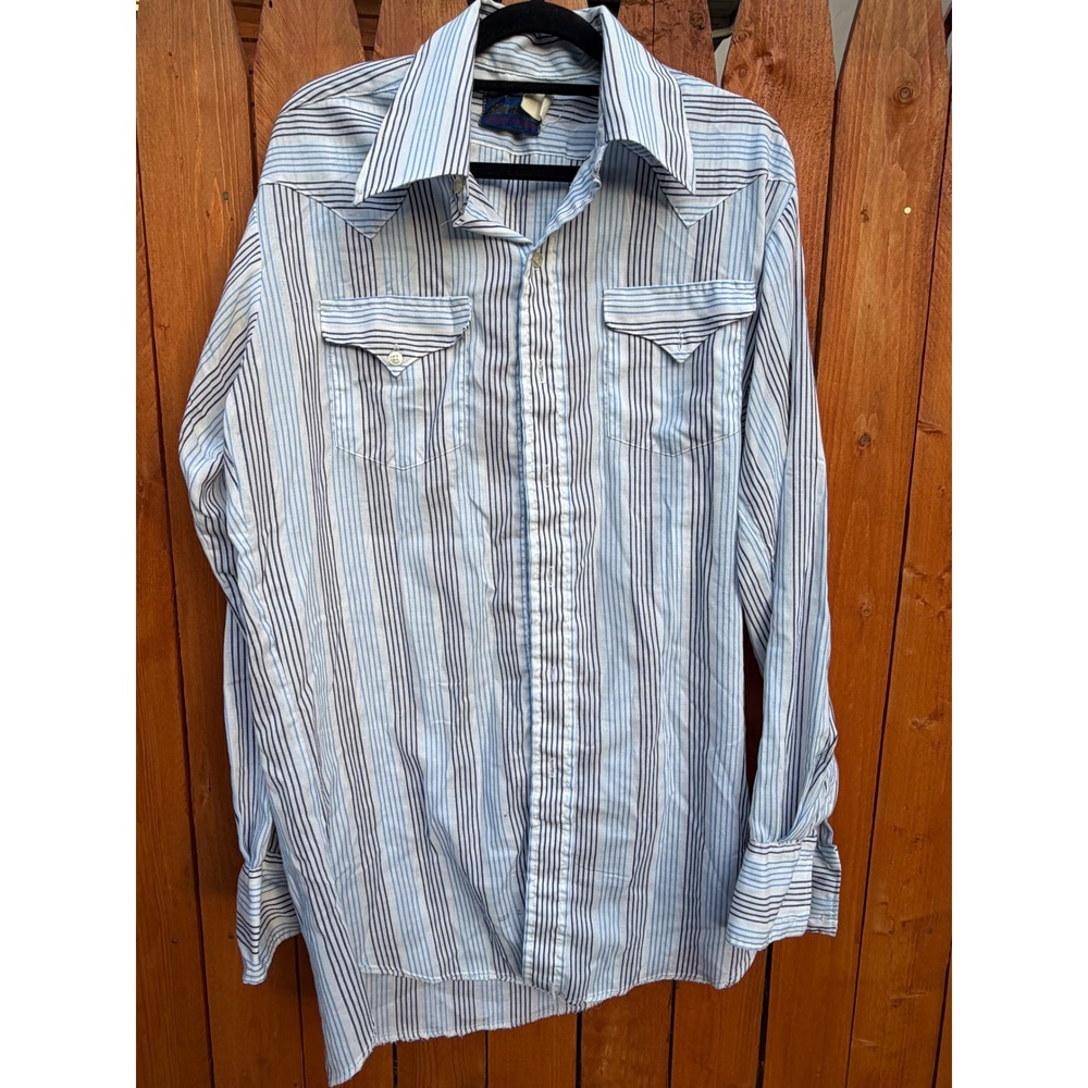 Vintage Panhandle Slim Mens Blue White Striped Western button up 15.5 34